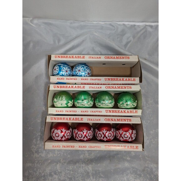 Vintage Unbreakable Italian Stencil Ornaments w/Boxes Lot Of 10 Red Blue Green - Picture 2 of 10